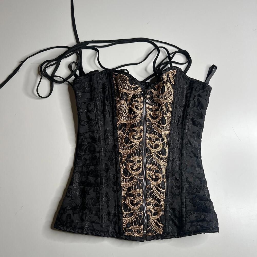 Spirit Gothic Black Brocade Corset Top Lace Up Gold Trim Women’s S